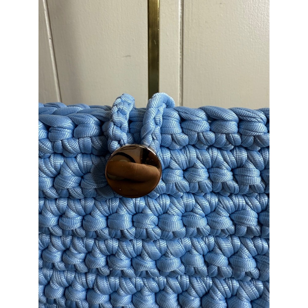 Crochet Shoulder Bag‎ Women's Light Blue Knit Purse with Gold Chain Strap Clutch - Picture 2 of 11